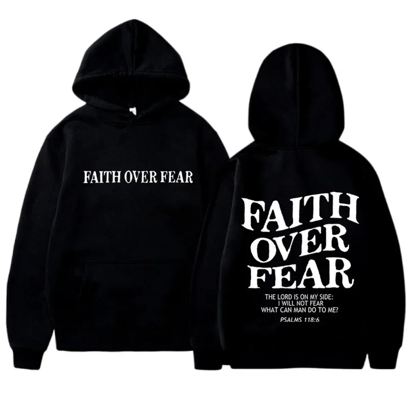 FAITH OVER FEAR Felpe con stampa per uomo Donna Casual Felpe con cappuccio a maniche lunghe Hip Hop Harajuku Felpa con cappuccio Y2k Uomo Top Felpa con cappuccio