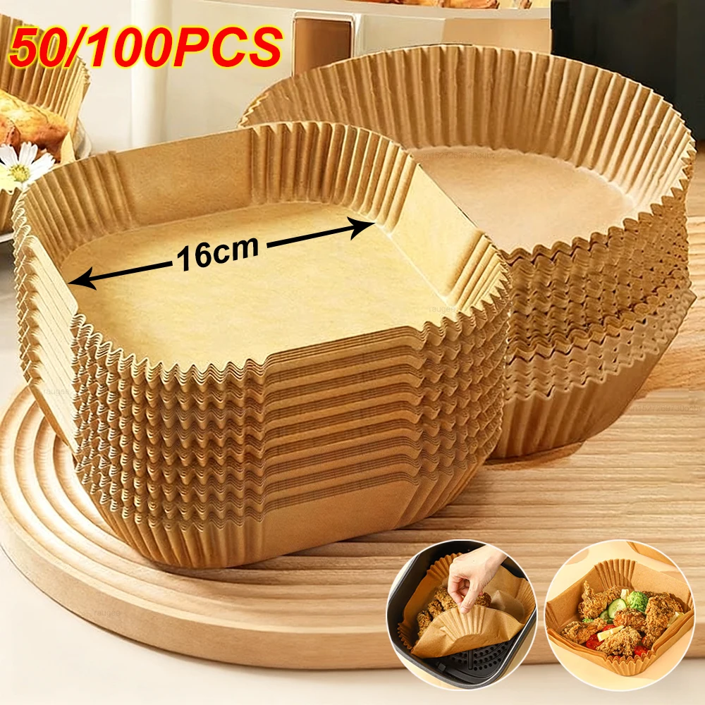 Luftfritteuse-Papier, 100 Stück, Einweg-Backpapier für Luftfritteusen, rund, quadratisch, Luftfritteuse-Einlagen, Backpapier, Zubehör für Luftfritteusen, 50 Stück Image