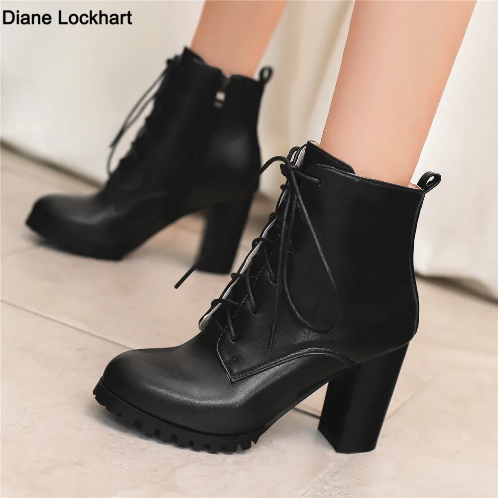 Modische Stiefeletten für Damen, Winterschuhe, Block-High-Heels, Schnürung, kurzer Damenstiefel, Schwarz, Weiß, Silber, große Größe 45, 46, 47, 48