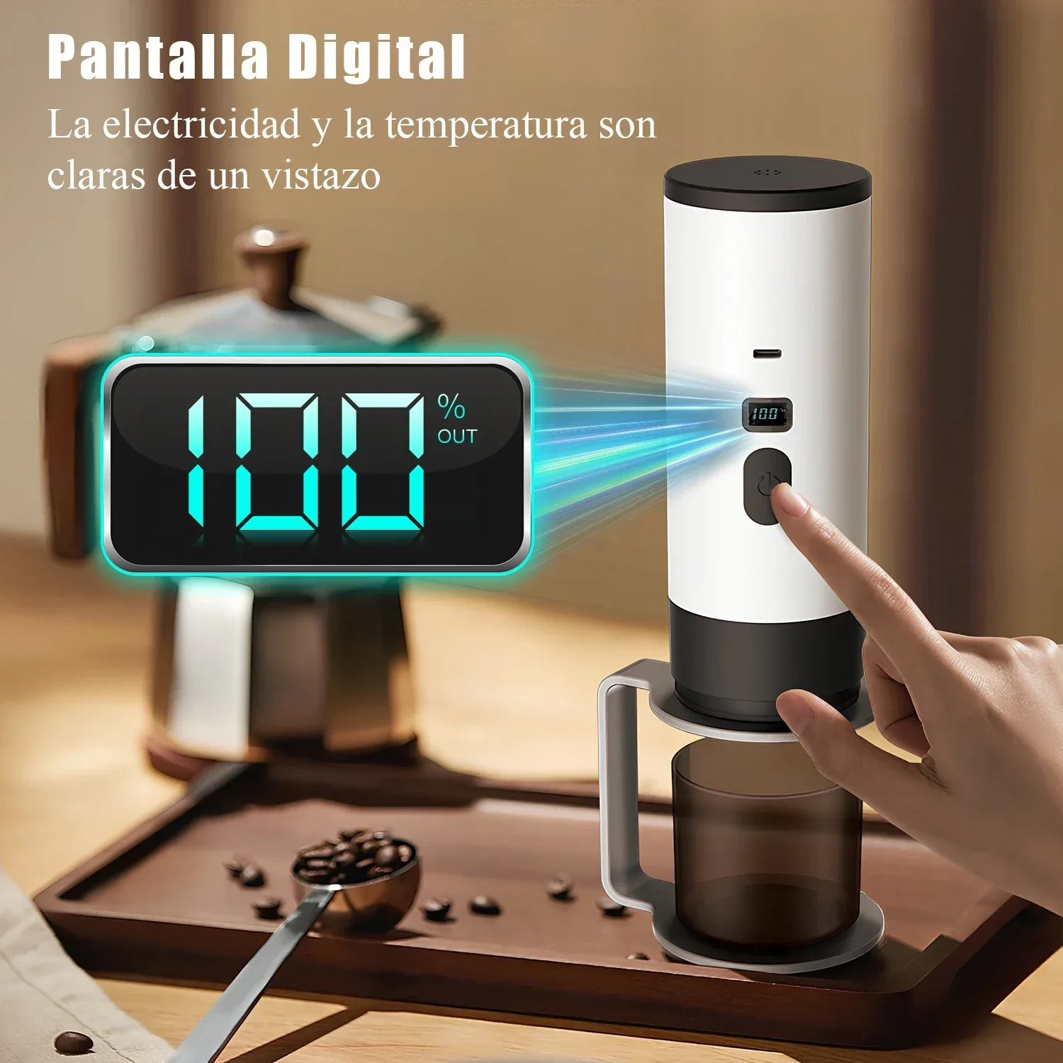Tragbare elektrische 3-in-1-Kapselkaffeemaschine, Espressomaschine, kabellose Heizpumpe, Extraktion, Kaffeetasse, Digitalanzeige