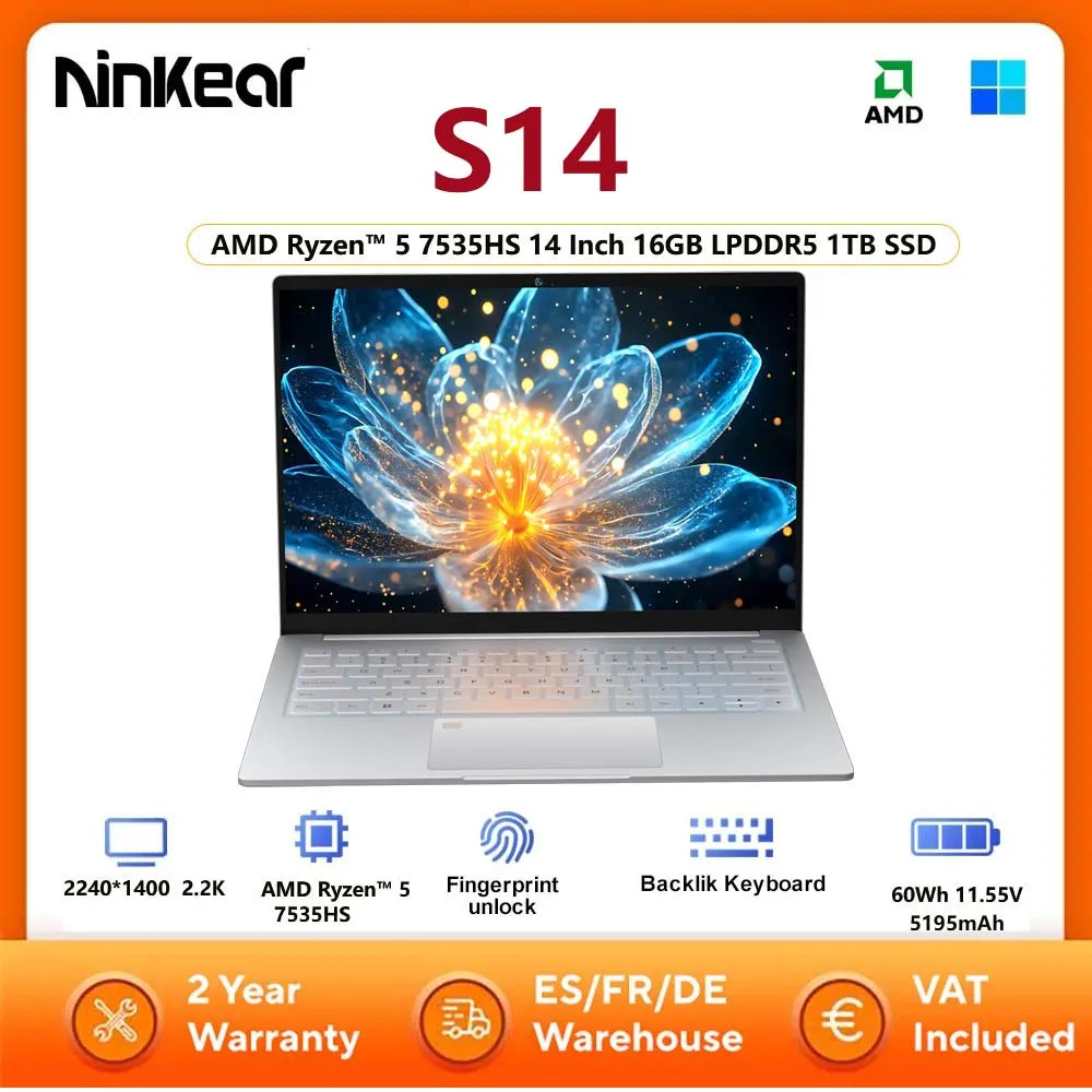 Ninkear S14 Laptop Tablet AMD Ryzen ™ 5 7535HS 14 Zoll 16 GB LPDDR5 1 TB SSD Computer Notebook Wifi 6 unterstützt Fingerabdruckerkennung Image