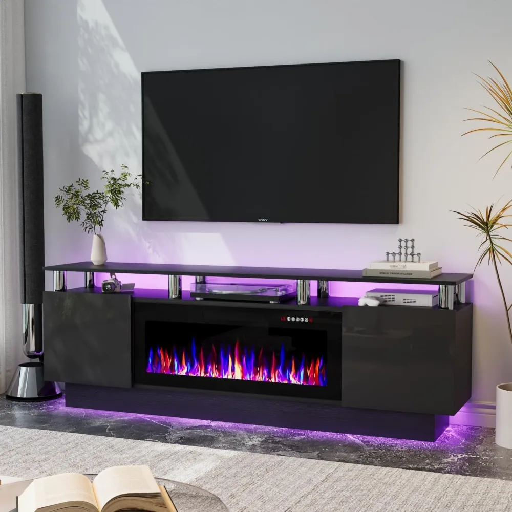 TV Stand with 36" Fireplace, 70 Inch Black Fire Place TV Stands for Living Room,Modern Electric Fireplace TV Stand with Cabinets