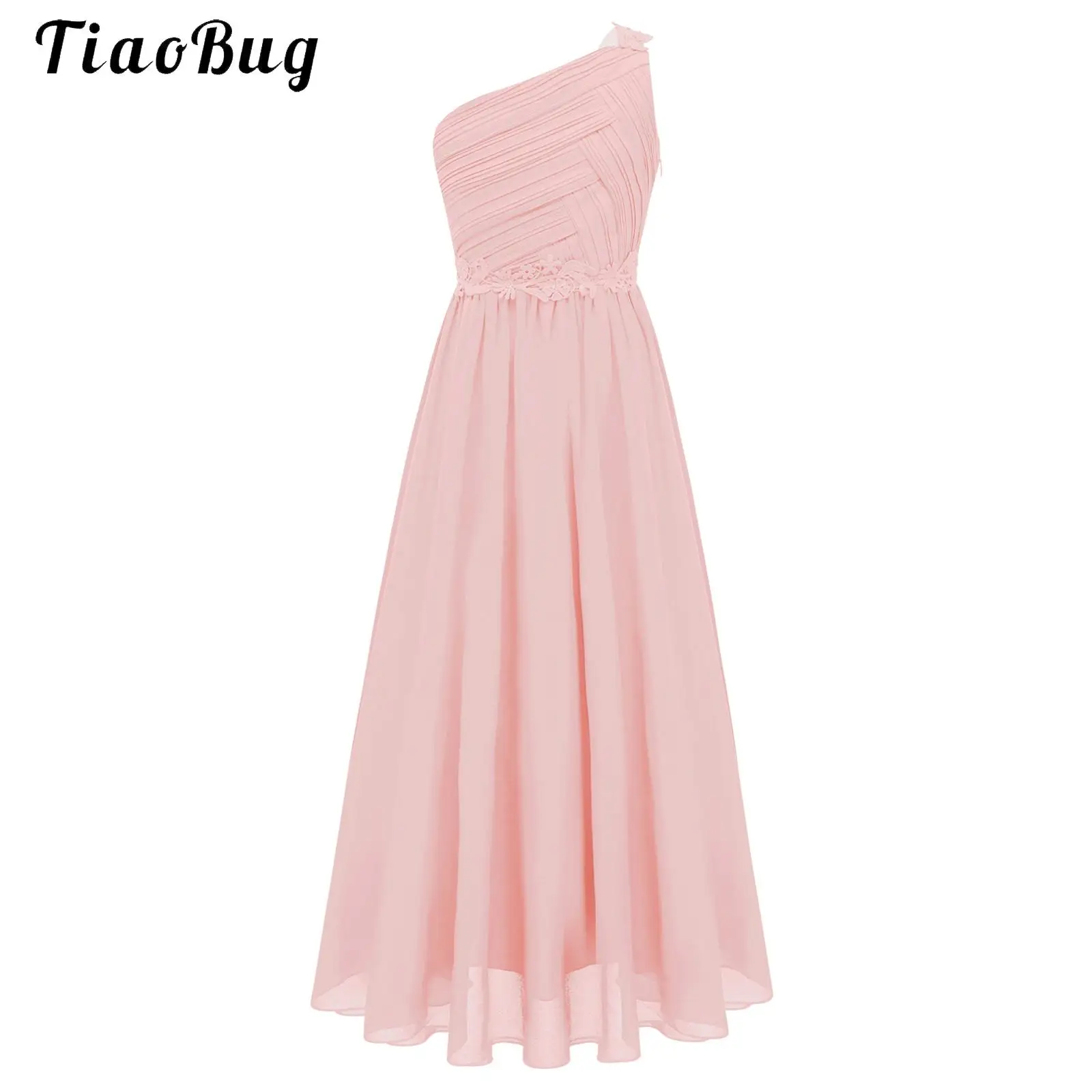 Mädchen Chiffon One-Shoulder-Kleider für Kinder, gerüscht, plissiert, für Hochzeit, Brautjungfer, formelles Blumenkleid, elegantes festliches Sommer-Partykleid Image