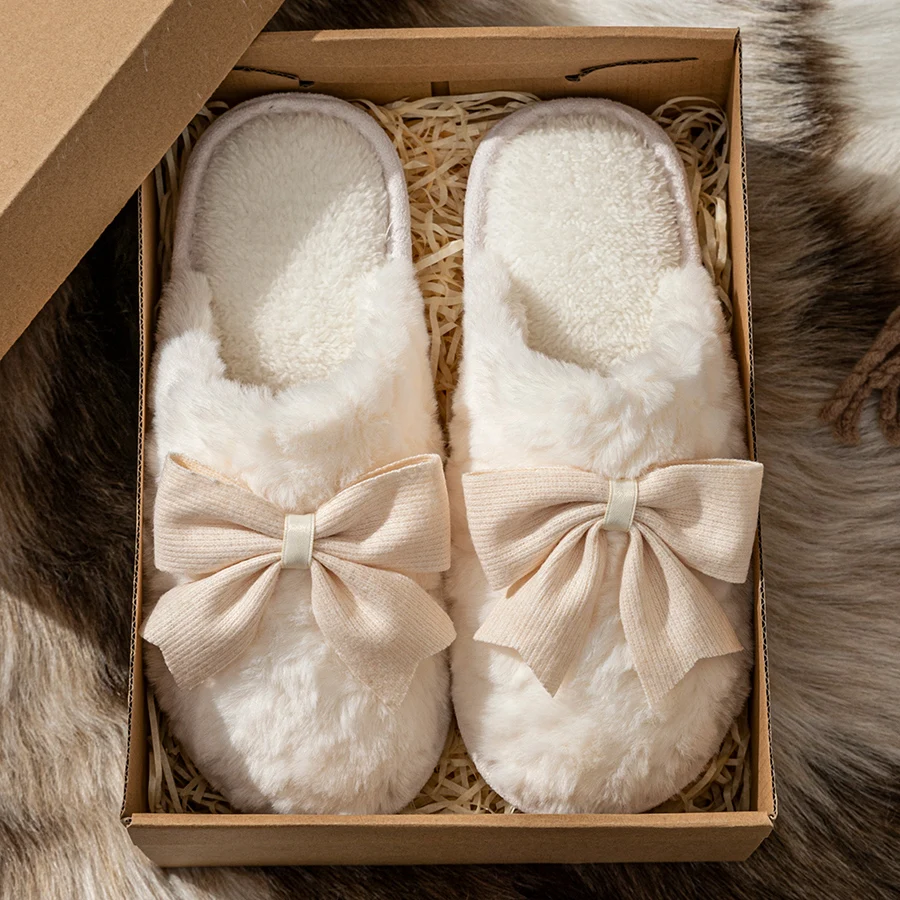 Nette Exquisite Bogen Mode Frauen Hausschuhe Winter Innen Warme Weiche Sohle Schlafzimmer Atmungsaktive Bequeme Freizeit Hause Schuhe Image