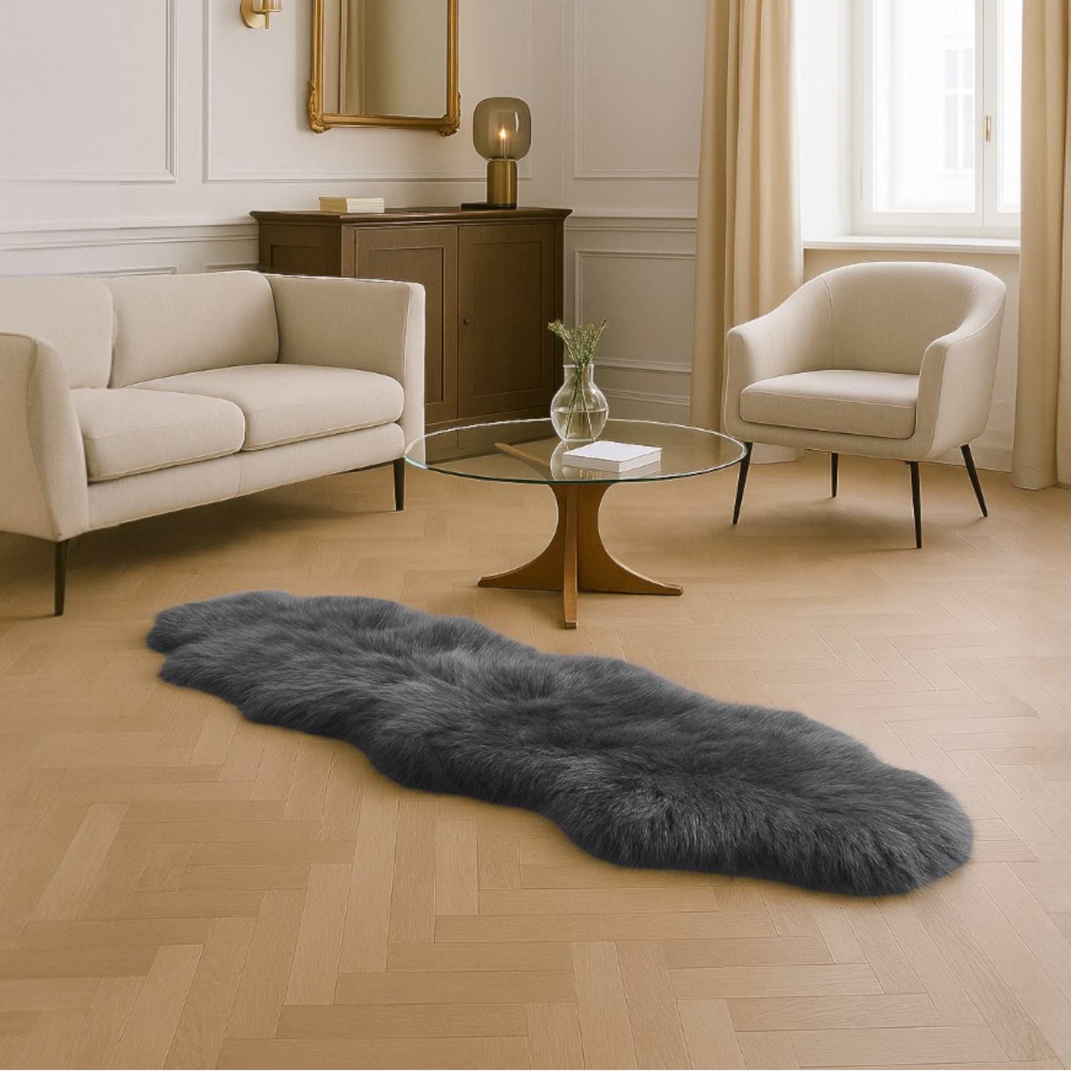 Infinity Leather Genuine Sheepskin Charcoal Grey Double Natural Silky Fluffy Soft Real Wool Rug - Dark Grey - One Size
