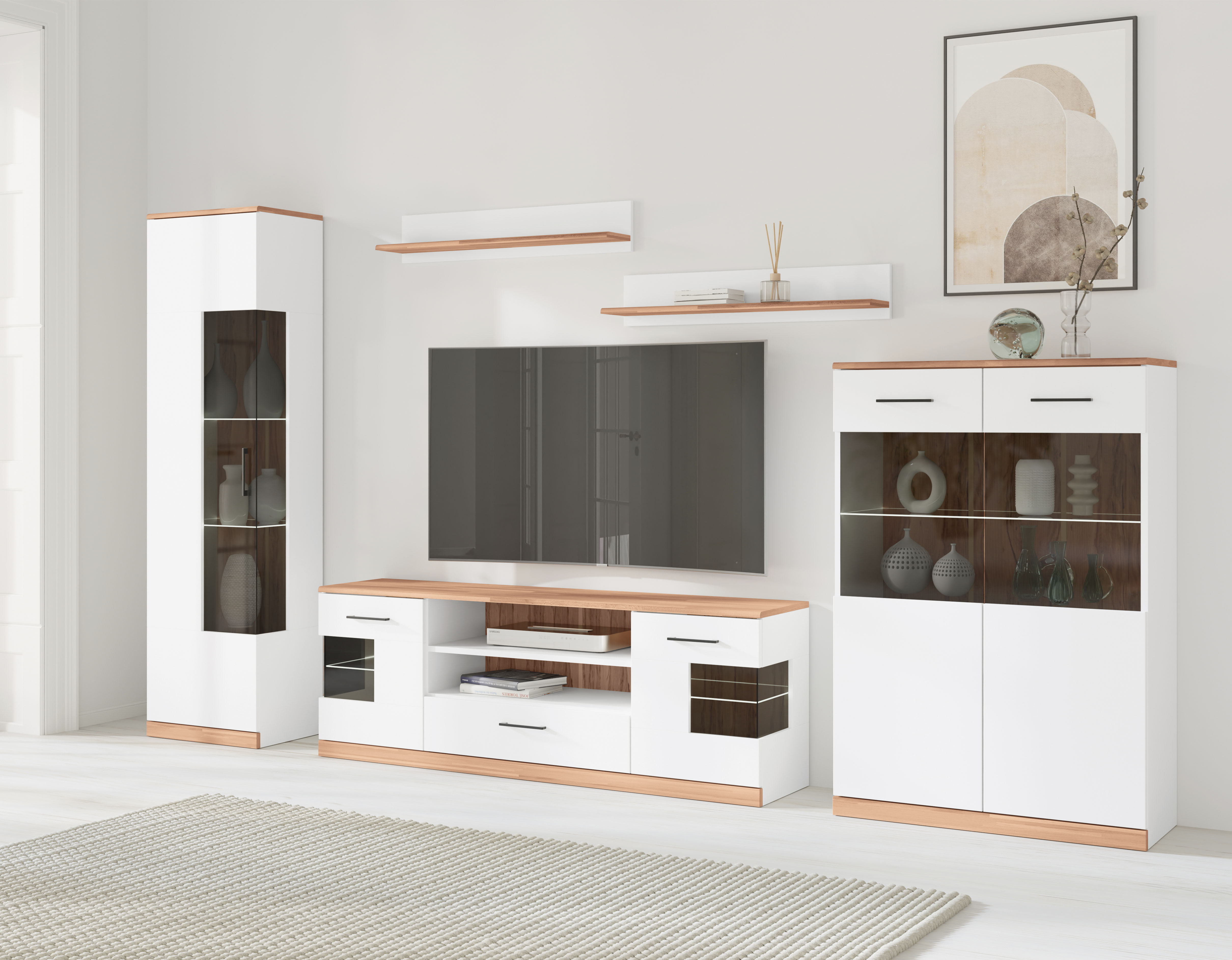 Wohnwand HOME AFFAIRE "Ribe Wohnwand Set-5 St.", weiß (weiß, kernbuche), B:297cm H:180cm T:35cm, Holz teilmassiv, Kastenmöbel-Sets, Glaseinsatz aus gehärtetem Glas,Böden teilweise versetzbar