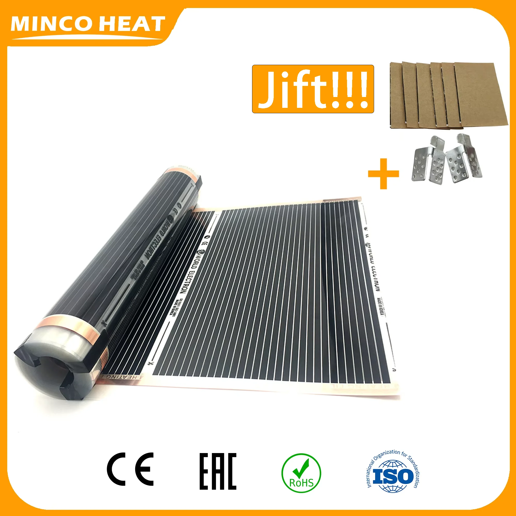 Minco Heat 50cm Breite 280W/ ㎡ 0.5~4 ㎡ Ferninfrarot-Fußbodenheizungsfolienmatte aus Kohlefaser mit Klemmen, Isolierpasten-Sets Image