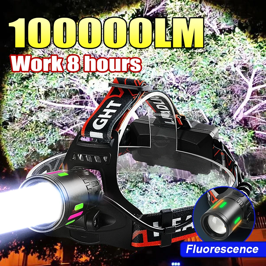 100000LM lampe de tête LED haute puissance charge USB fluorescence zoom puissant lampe de tête de lumière en plein air camping lampe de pêche lampe de poche