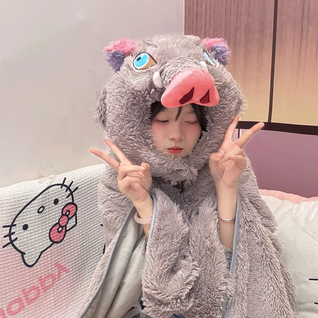 Japanische Cosplay Prop Kapuzendecke Hashibira Inosuk Plüschdecke Cartoon Gefüllte Anime Wildschwein Warmer Umhang Geschenk Image