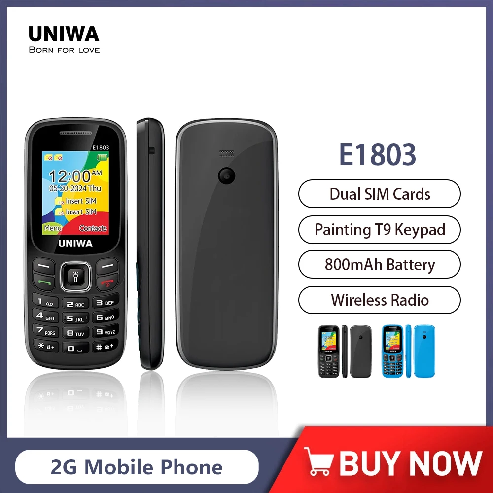 UNIWA E1803 2G bas prix mince GSM Mini téléphone portable double SIM T9 clavier 800mAh batterie sans fil Radio lampe de poche téléphone pour personnes âgées
