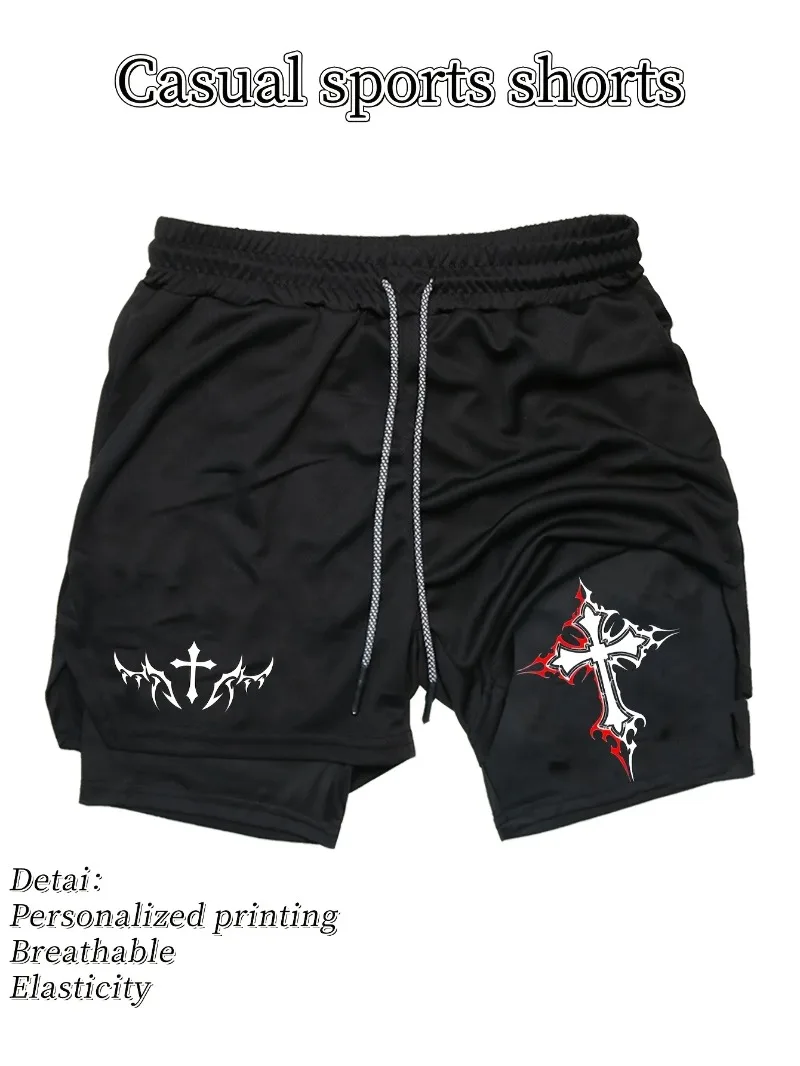 Schnell trocknende Sportshorts für Herren, atmungsaktive, feuchtigkeitsableitende Fitnessstudio-Trainingsshorts mit elastischem Bund und Kordelzug, doppellagiges Design Image