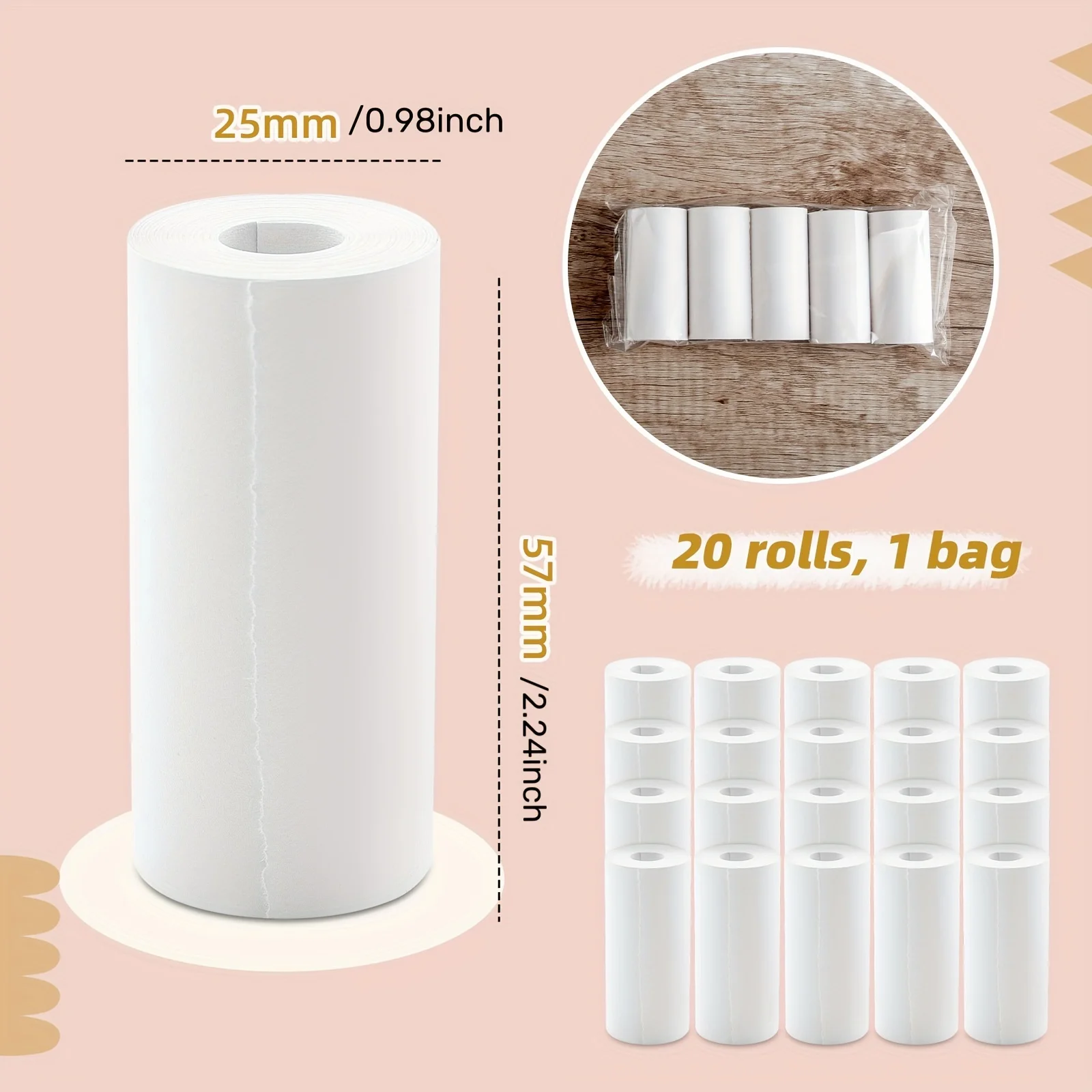 20 Rollen Thermodruckpapier – 57 x 25 mm, kompatibel mit Kinderkameras, transparenter und langlebiger Druck Image