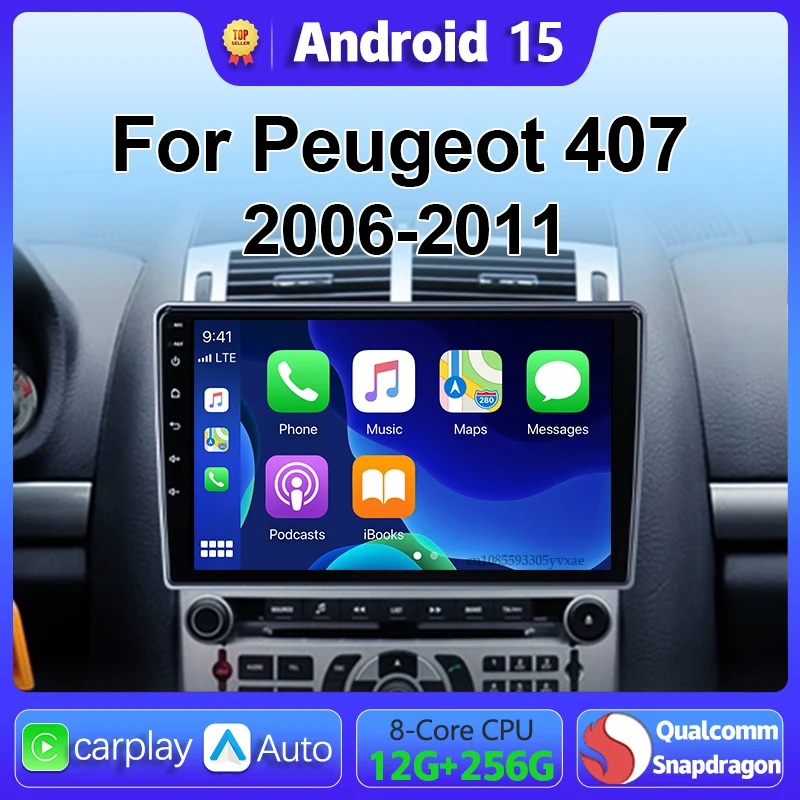 Android 15 Carplay Auto Radio Multimedia Für Peugeot 407 CC 407CC SW 2004-2011 navigation video DVD Autoradio stereo BT Kopf Einheit Image