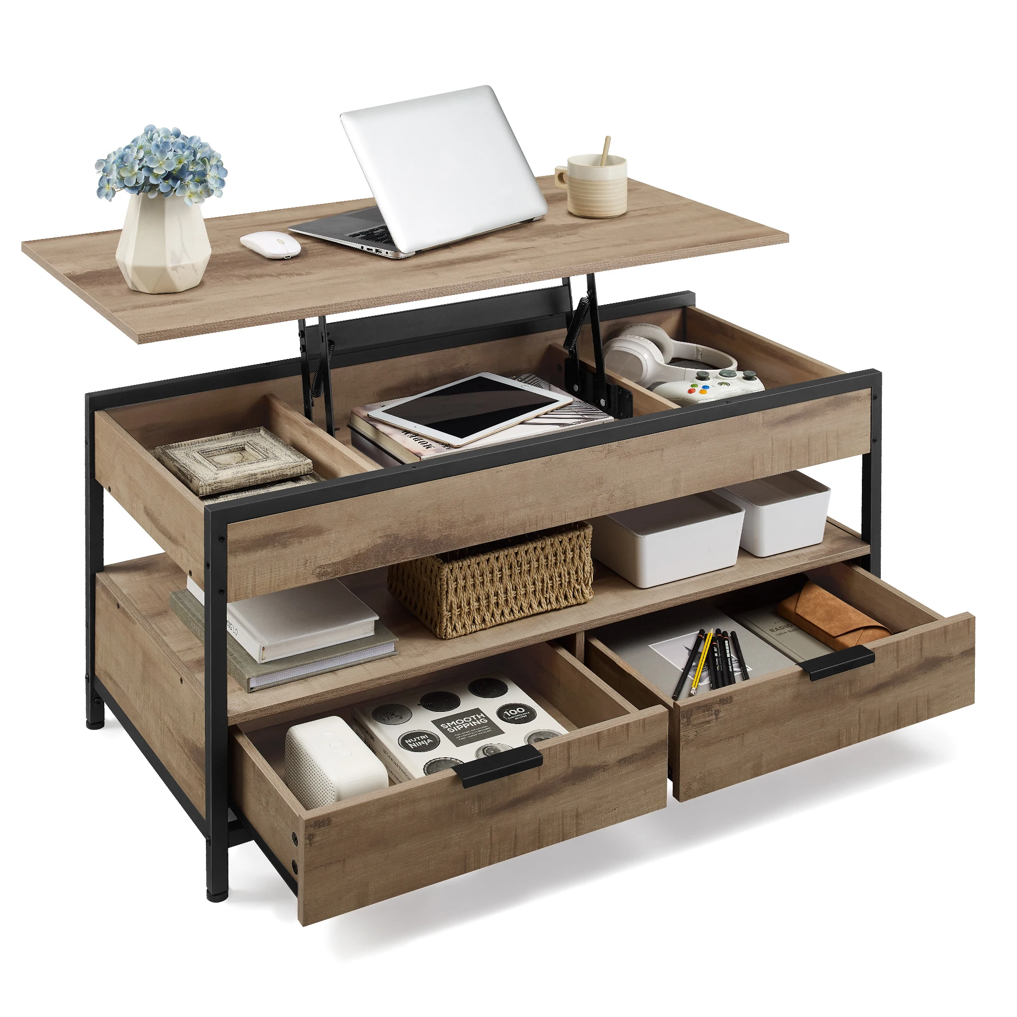 VASAGLE Couchtisch, höhenverstellbarer Wohnzimmertisch, Kaffeetisch, mit Schubladen, offenes Fach,50 x 100 x (48-63)cm Image