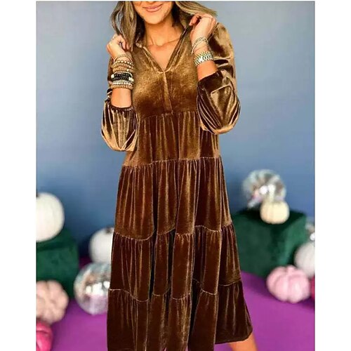 Per donna Abito Midi Abito in Velluto Abito da Cocktail Elegante Moda Moderno All'aperto Feste Abbigliamento da sera Vestibilità regolare Semplice Manica Lunga Scollo a V Nero Giallo Vino Blu