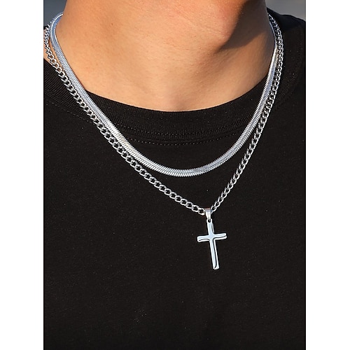 Collana con ciondolo a croce in acciaio inossidabile da uomo, resistente catena di gioielli alla moda, elegante regalo cristiano per Natale, feste e uso quotidiano