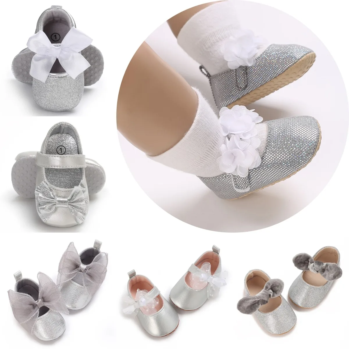 Cute Silver Baby Girls Shoes Bow Princess Shoes PU Anti-slip Soft Sole Infant First Walkers Newborn Crib Baby Shoes