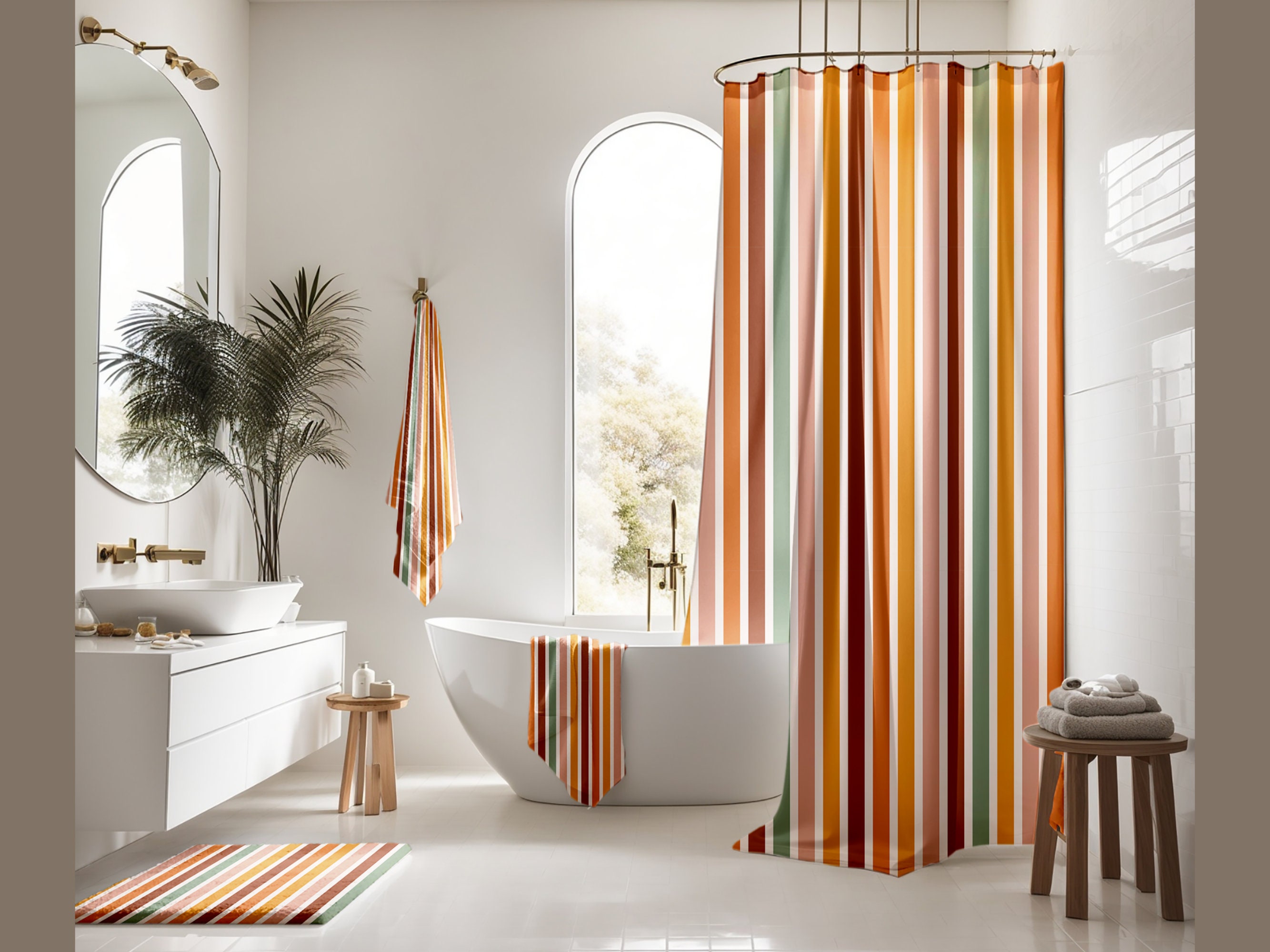 Tenda da doccia a righe Boho retrò, Tenda da doccia retrò, Tenda da doccia in tessuto, Tenda da doccia lunga, Tenda da doccia, Set di tende da doccia