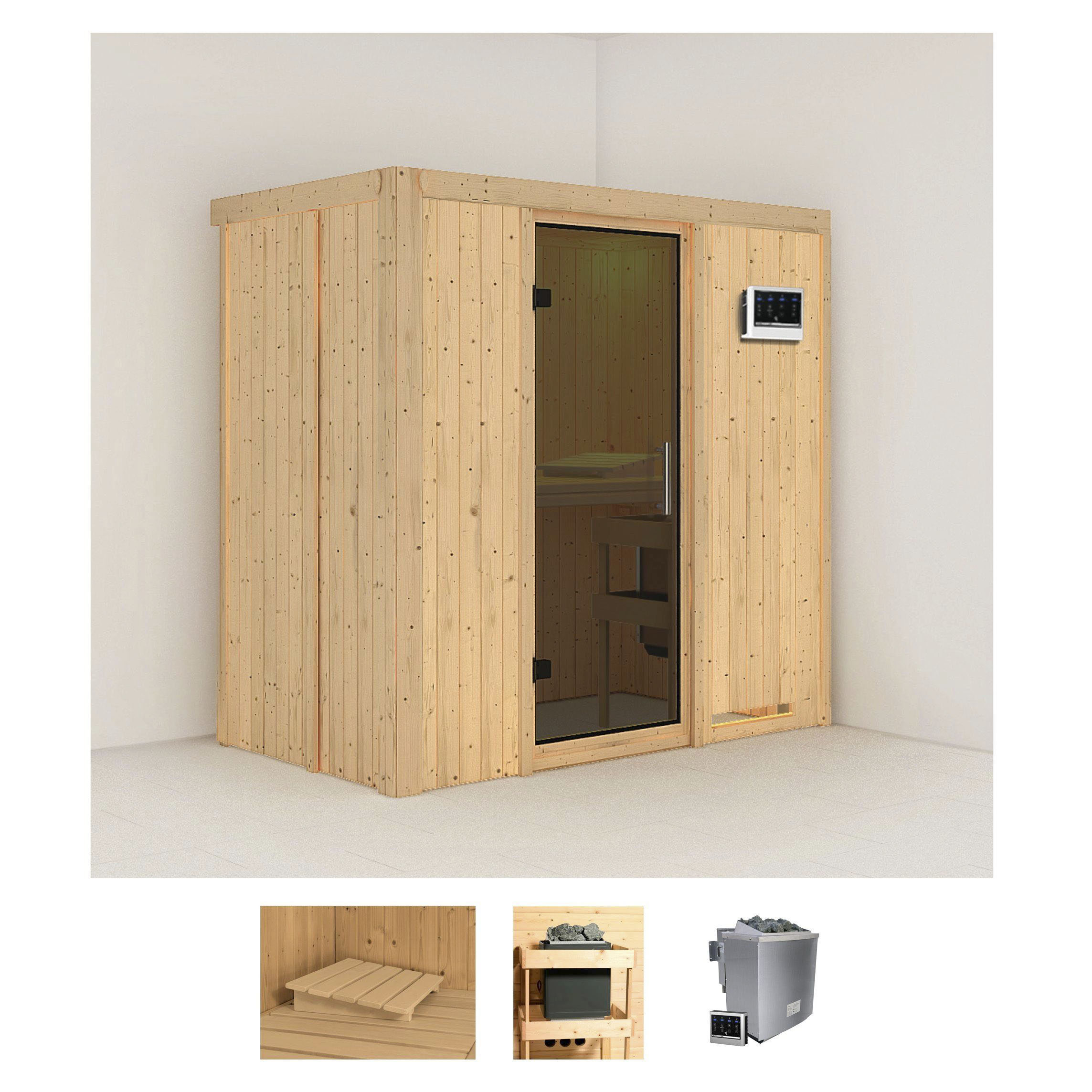 Sauna KARIBU "Vada", beige (naturbelassen), Bio-Kombiofen, externe Steuerung, 9 kW, Saunen, 9 KW-Bio-Ofen mit externer Steuerung Image