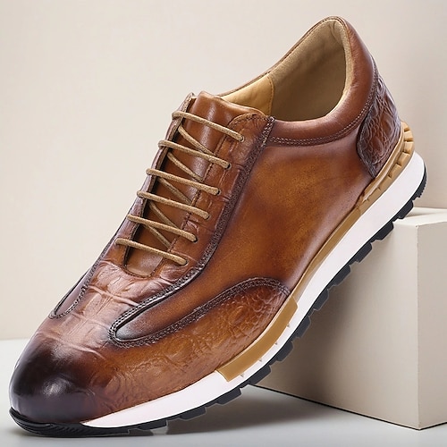 Herren-Sneaker aus hellbraunem Echtleder mit Krokodilmuster, Schnürverschluss und flexibler Sohle, luxuriöse Freizeitschuhe für Partys und Business-Casual-Outfits Image