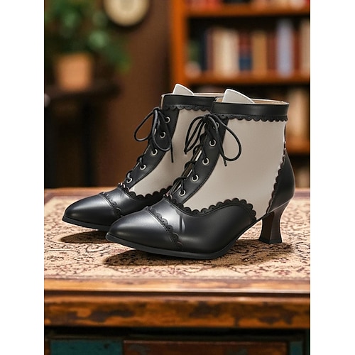Viktorianische Damenstiefeletten mit Schnürung und niedrigem Absatz, zweifarbige schwarz-weiße Stiefeletten im edwardianischen Stil der 1900er-1910er Jahre, Vintage-Steampunk-Gothic-Schuhe für Image