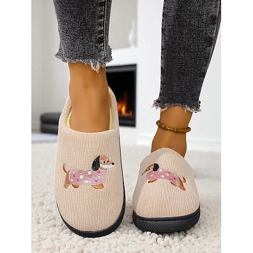 Pfirsichrosa Plüsch-Hausschuhe für Damen mit süßer Teddybär-Stickerei, warme, gemütliche Slipper für den Winter zu Hause Image