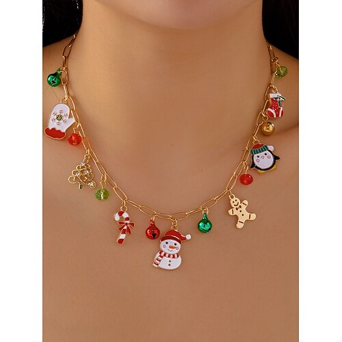 Weihnachtsanhänger-Halskette für Damen, festlicher Kettenschmuck mit Schneemann, Rentier und Weihnachtsglöckchen, süße Weihnachtsaccessoires für Partys und Geschenke Image