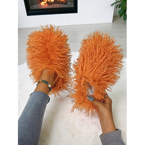 Flauschige rosa Kunstfell-Hausschuhe für Damen mit kuscheligem Plüschfutter, flauschige Winterhausschuhe für warme Füße Komfort, lustiger Statement-Stil für Zuhause, Lounge Urlaubsentspannung Image