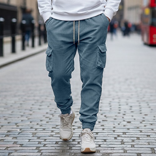 Herren Cargo-Hosen Jogginghose Jogger Hose Cordhose Freizeithose Kordelzug Elastischer Bund Mehrere Taschen Einfach Komfort Volle Länge Outdoor Lässig Täglich Mode Streetwear Schwarz Blau Unelastisch Image