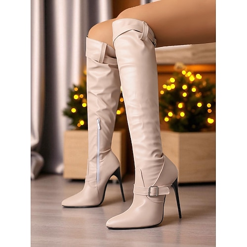 Rote Overknee-Stilettostiefel für Damen – High Heels mit Schnalle aus Kunstleder für Partys und das Nachtleben Weihnachtsfeiern Image