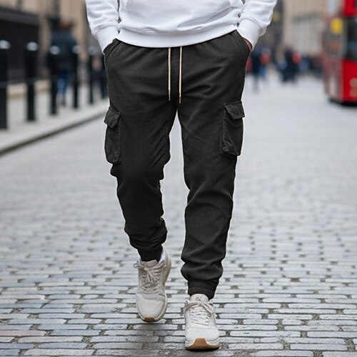 Herren Cargo-Hosen Jogginghose Jogger Hose Cordhose Freizeithose Kordelzug Elastischer Bund Mehrere Taschen Einfach Komfort Volle Länge Outdoor Lässig Täglich Mode Streetwear Schwarz Blau Unelastisch Image