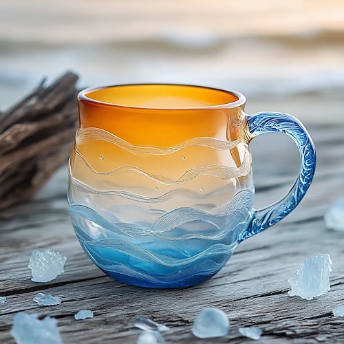 Wellenbecher aus Seeglas, 12 oz handgefertigte Kaffeetasse aus Ozeanwellenglas, Kaffeebecher mit isoliertem Griff, kreative Teetasse mit Meereswellentextur zum Trinken, für heiße kalte Getränke Image