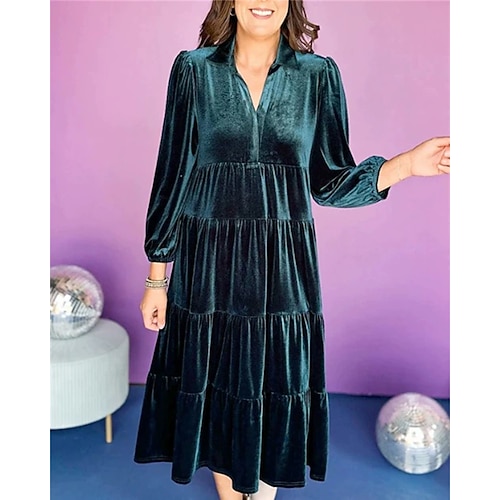 Damen Midikleid Weihnachtskleid Samtkleid Cocktailkleid Elegant Mode Modern Täglich Outdoor Abendgesellschaft Normale Passform Einfach Langarm V Ausschnitt Blau Schwarz Gelb Wein Frühling Herbst Image