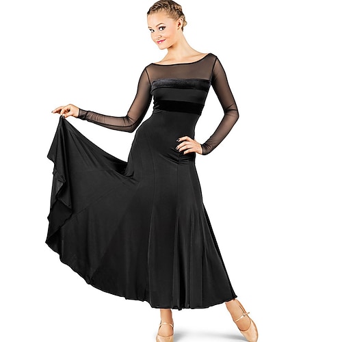 Schwarzes Gesellschaftstanzkleid für Damen mit langen transparenten Ärmeln, bodenlang, elegante Performance-Kleidung für Latein, Tango oder Gesellschaftstanz Image