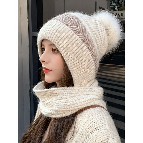 Damen-Winter-Strickmütze-Schal-Set mit Bommel, mit Fleece gefütterte 2-in-1-Mütze und Halswärmer, kuschelig warmes Outdoor-Accessoire für kaltes Wetter und Weihnachtsgeschenke Image