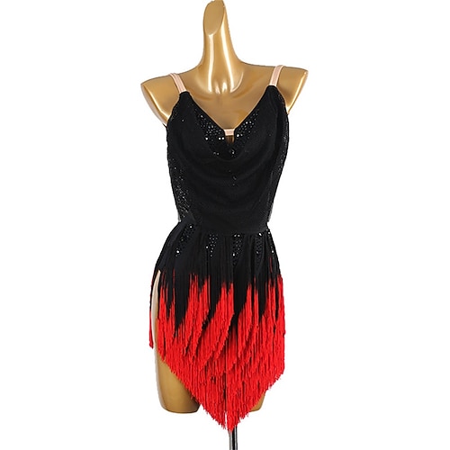 schwarz-rotes Latein-Tanzkleid für Damen mit Paillettendetails, Fransenrock, verstellbaren Trägern – ideal für Salsa, Cha-Cha und als Bühnenkleidung Image