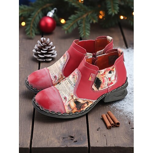 Damen Echtleder Stiefeletten in Rot handgefertigt mit künstlerischem Patchwork-Print, bequeme Chelsea-Stiefel im Vintage-Stil für Weihnachten, Winteroutfits Feiertagstreffen Image