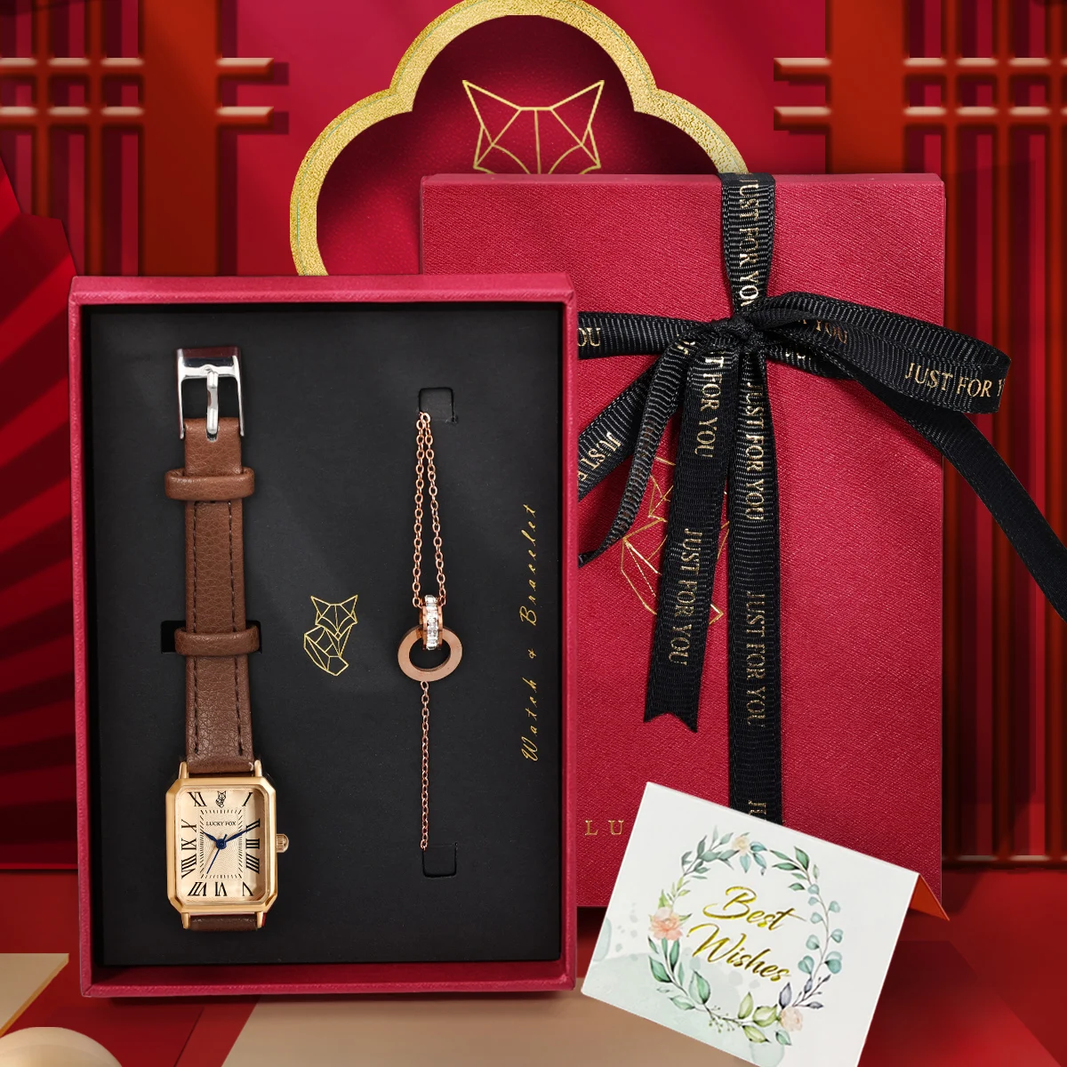 LUCKY FOX 2 pièces coffret cadeau de luxe léger montre Bracelet Simple et à la mode montre à Quartz carrée pour femmes Reloj cadeau de Festival