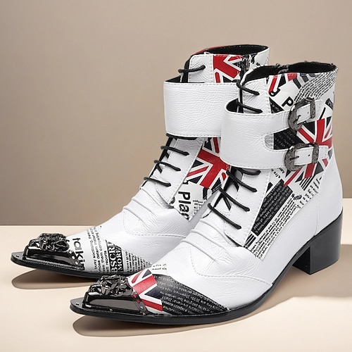 Herren-Punkrock-Stiefel aus echtem Leder in Weiß und Schwarz mit britischer Flagge, 100 % Rindsleder-Schnürstiefeletten mit Schnallenriemen für Bühne, Cosplay und Gothic-Mode Image