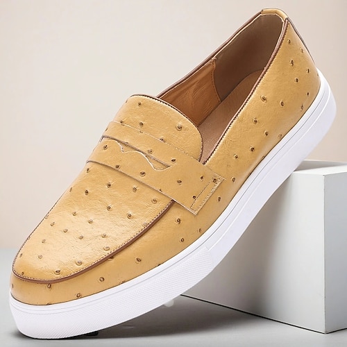 Gelbe Herren-Loafer aus echtem Leder mit Straußenmuster, weicher Innensohle und rutschfester Gummisohle, luxuriöse Freizeit-Schlupfschuhe für Business und Freizeit Image