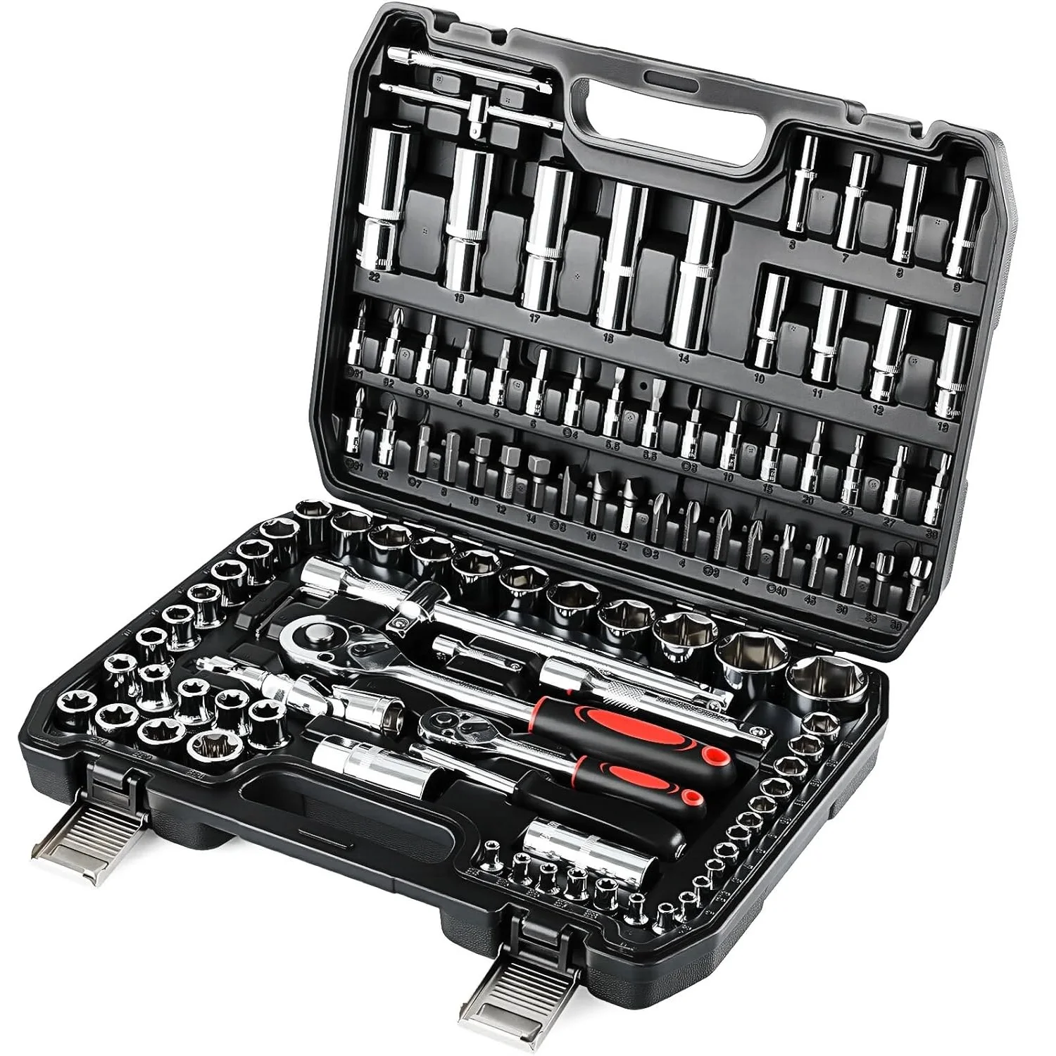 Set di chiavi a bussola da 108 pezzi Set di chiavi a cricchetto Cr-V Scatola a cricchetto con presa esagonale a cricchetto reversibile da 1/4 e 1/2 pollici 72 denti