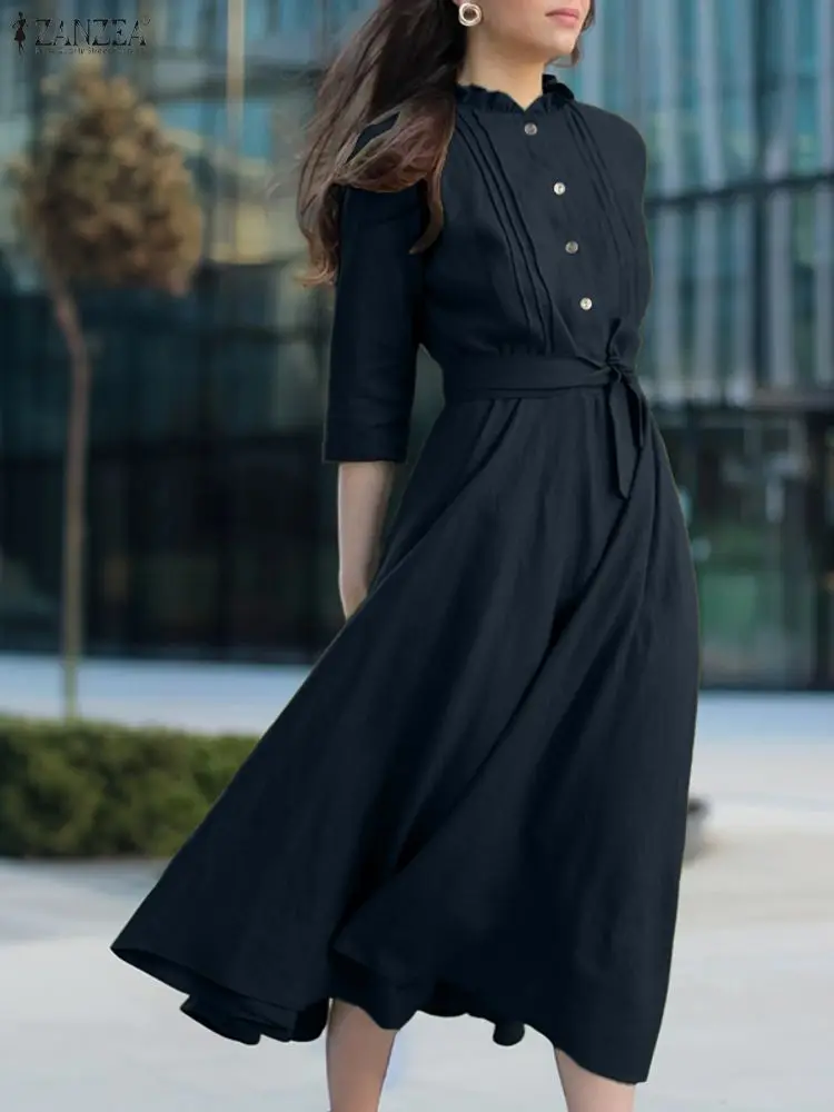 2023 ZANZEA Frauen Herbst Kleider Casual 3/4 Hülse Tasten Vestidos Belted Robe Midi Sommerkleid Elegante Solide EINE Linie OL Arbeit Kleid