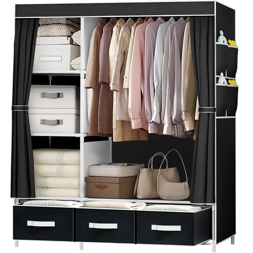 Neuer Kleiderschrank, 155,9 cm, großer Schrank, Kleiderschrank mit Ablageflächen und Seitentasche, tragbarer Kleider-Organizer für Zuhause, Schlafzimmer
