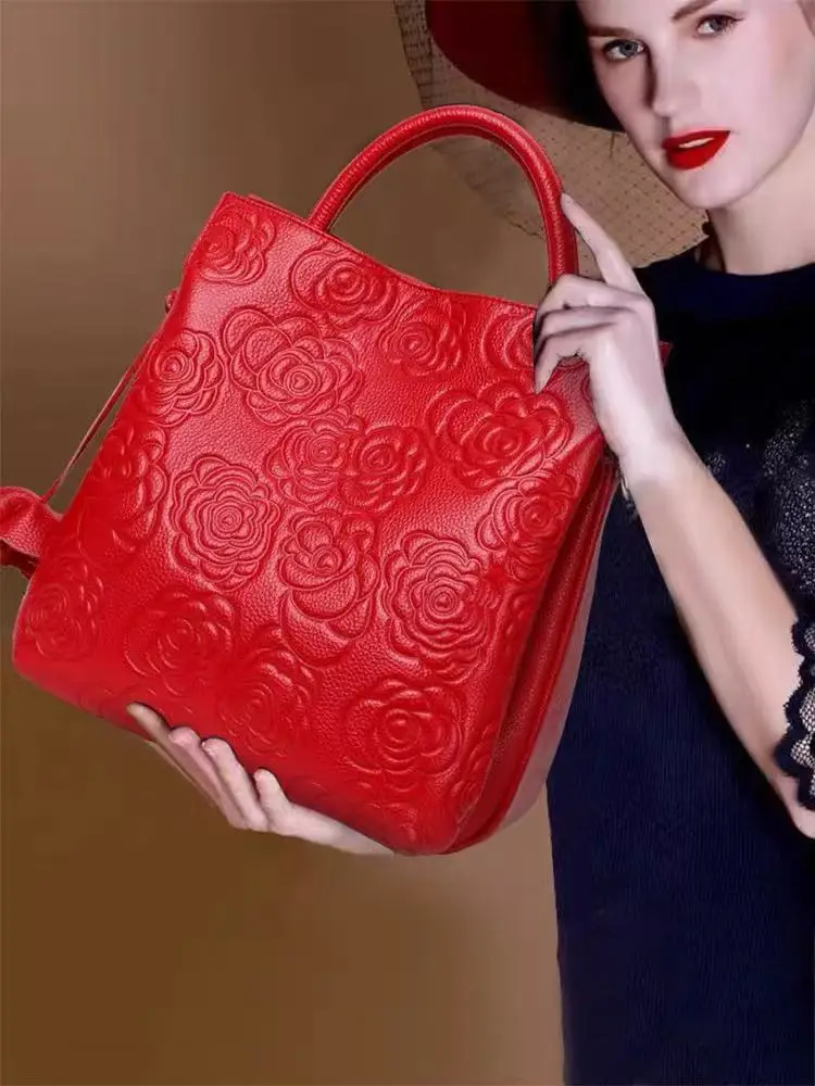 Hohe Qualität Aus Echtem Rindsleder Mode Geprägte Rose Floral Frauen Handtasche Große Kapazität Casual Tote Tasche Schulter Messenger Tasche