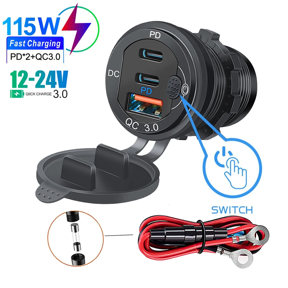 115w Auto ladegerät qc 3,0 und pd Typ c drei USB-Auto ladegerät buchse mit Voltmeter schalter Aluminium Metall Schnell lade adapter Image