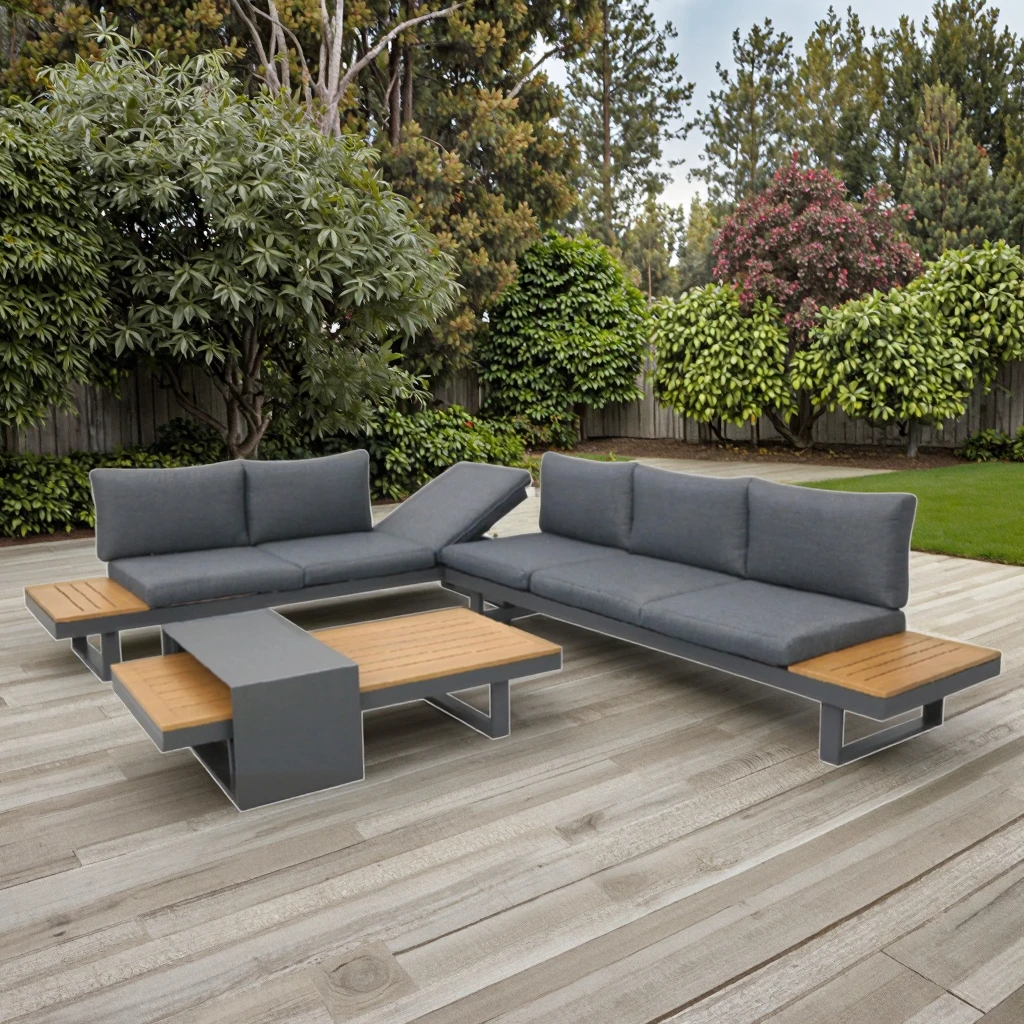 Luxuriöses, modernes L-förmiges Gartensofa-Set für den Außenbereich mit Couchtisch aus Eisenmaterial für den Einsatz im Terrassengarten
