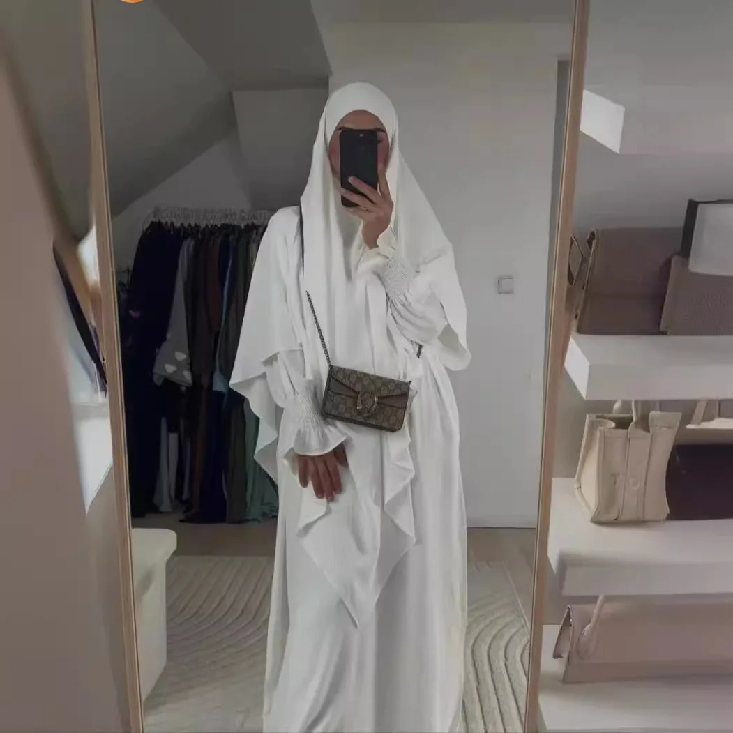 2-teiliges muslimisches Set, neues süßes einfarbiges langes Kleid + einlagiger Schal-Anzug, Abaya und Khimar-Set, Jilbab, 2-teiliges Ramadan-langes Hijab