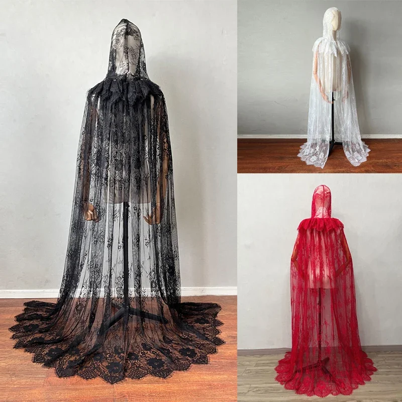 2025Frauen Halloween Spitze Kapuzenumhang Schwarz Weiß Mittelalter Vintage Fee Schal Gothic Wicca Cosplay Robe Party Kostüm Umhang Image