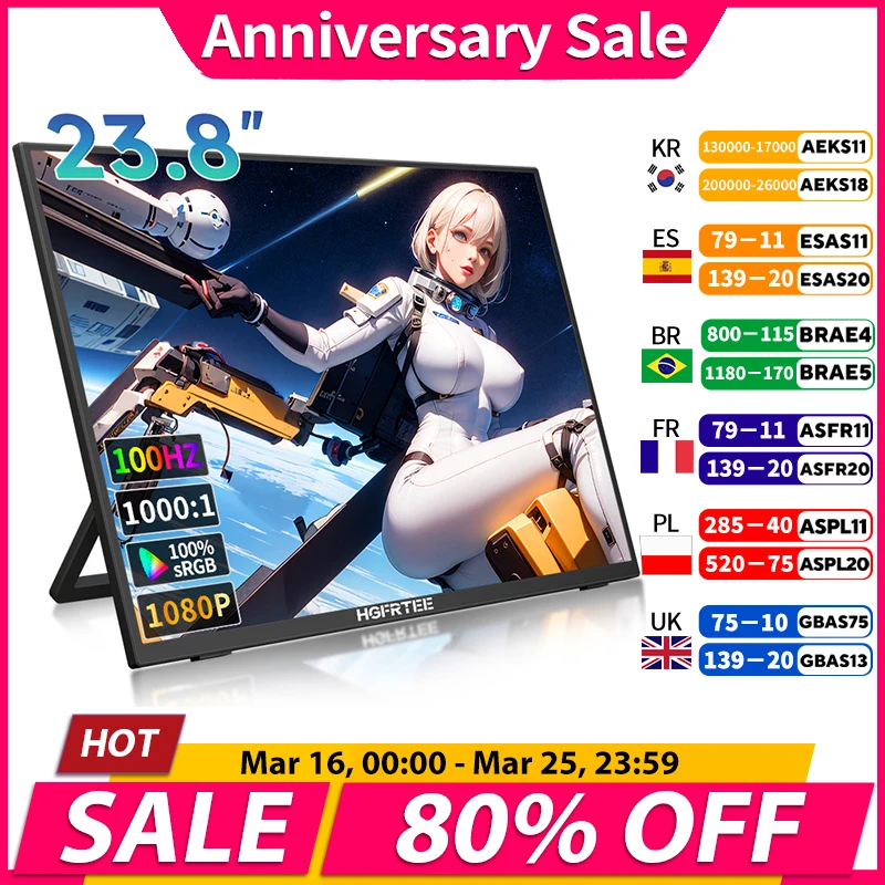 HGFRTEE 23,8 Zoll 100 Hz tragbarer Monitor, großes Gaming-Display, 100 % sRGB mit HDMI Typ C externer Bildschirm für Laptops, PC, Xbox PS5 Image