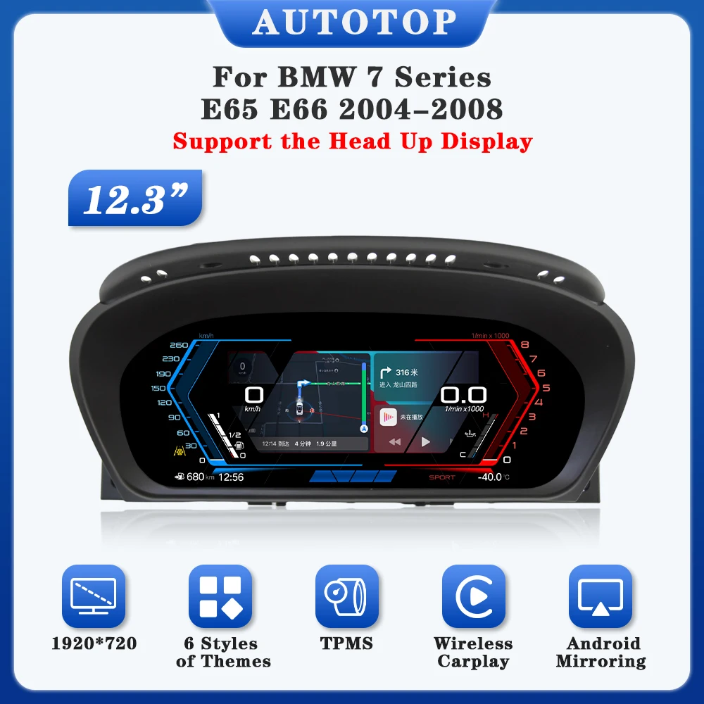 AUTOTOP 12,3" 1920*720 Linux Wireless Carplay Instrument Virtuelles Cockpit Tacho Armaturenbrett für BMW 7er E65 E66 2004-2008 Image
